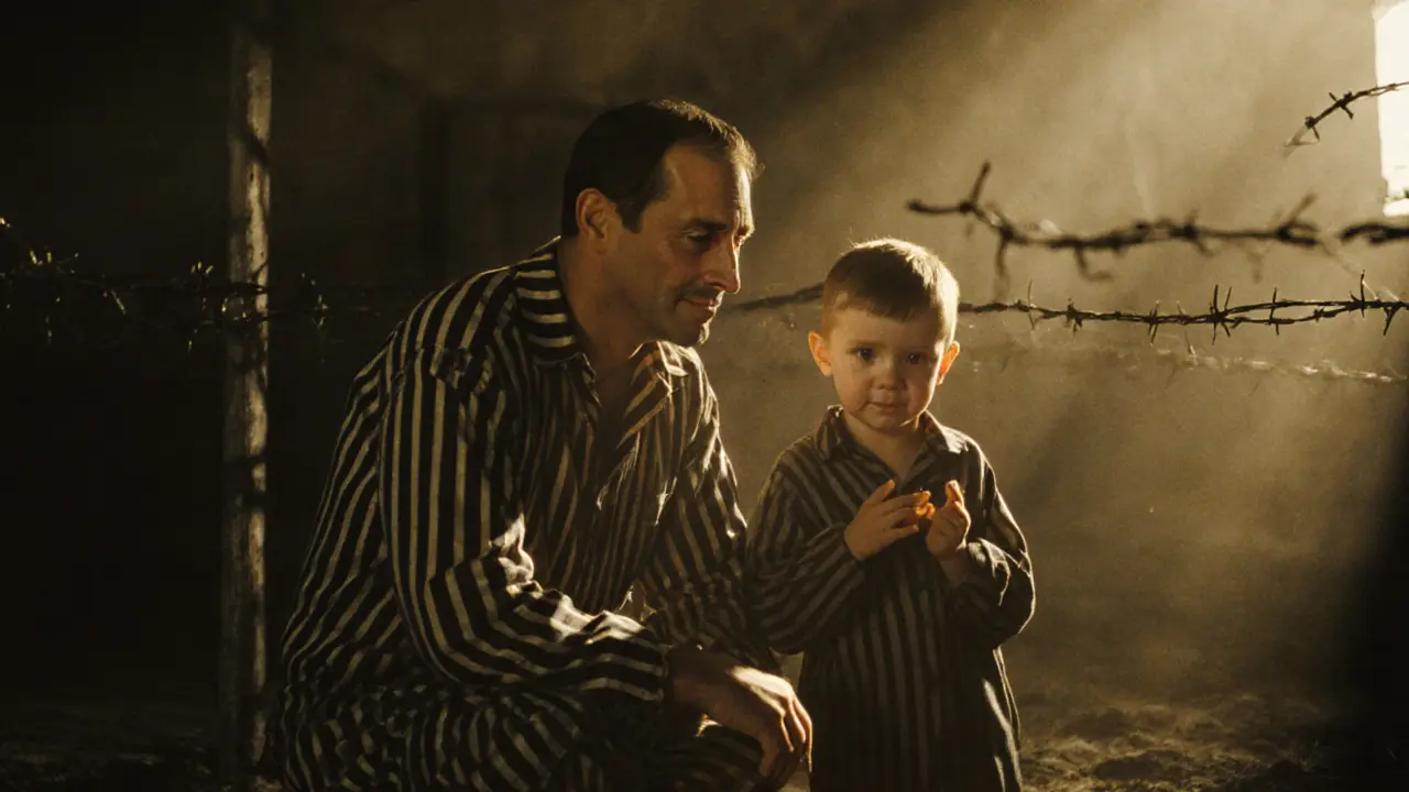 A father and son in a concentration camp, the father smiling as he pretends their situation is a game.