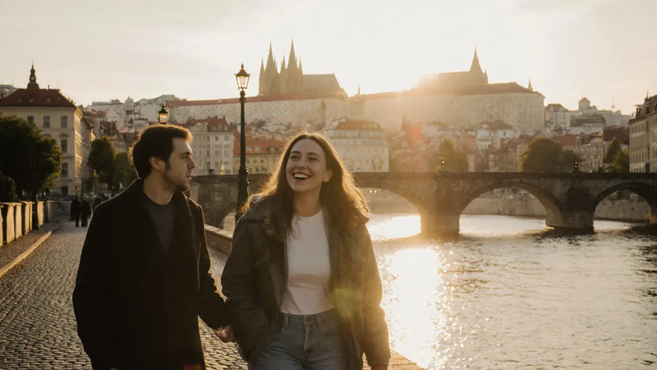 A female traveler and escort walk together along a riverside in Prague at sunset, enjoying peaceful companionship.