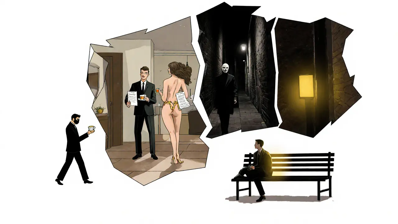 A fractured mirror shows three paths: professional companionship, exploitation, and genuine human connection.