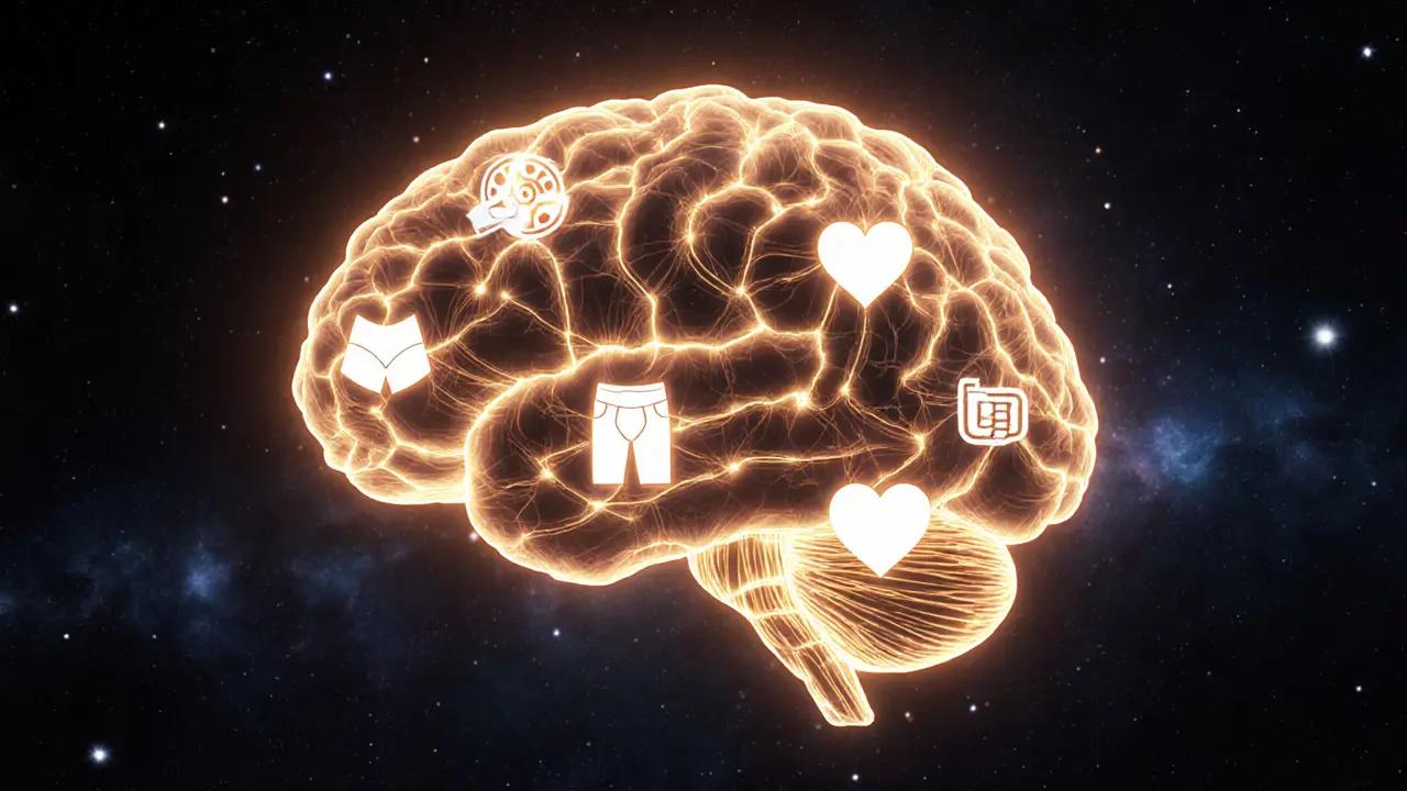 A glowing human brain with interconnected symbols of biology, culture, and emotion, representing attraction&#039;s complex roots.