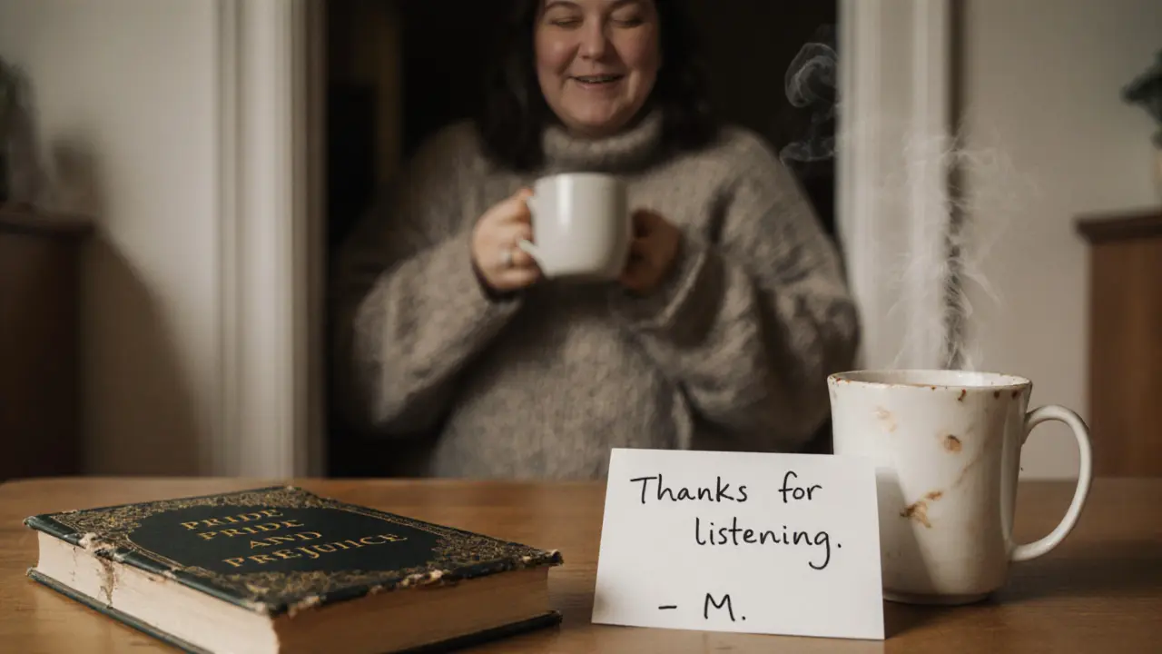 A handwritten note and tea beside a book, with a smiling woman in the background.