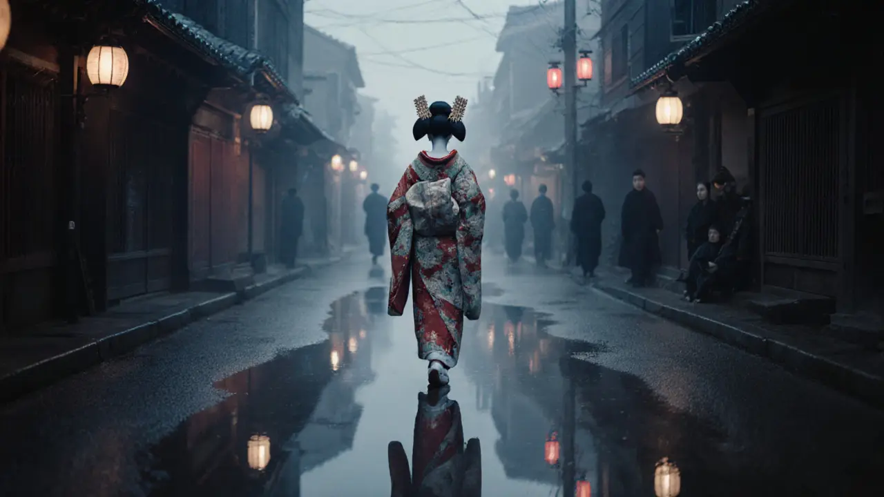 A Japanese oiran walking alone through misty Yoshiwara alleyways at dusk.