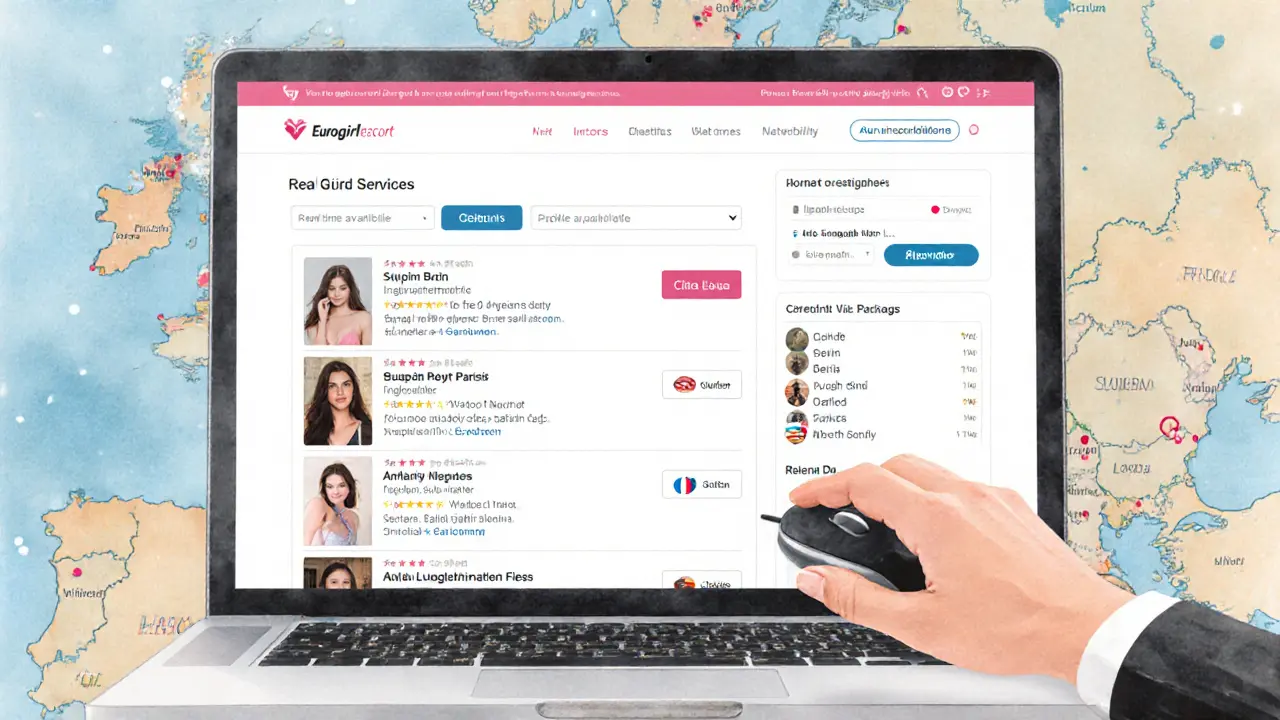 A laptop screen displaying a curated escort profile interface with verified badges and European city filters.
