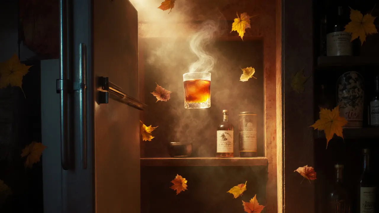 A magical speakeasy bar where a glowing cocktail floats mid-air, surrounded by autumn leaves and smoky mist.