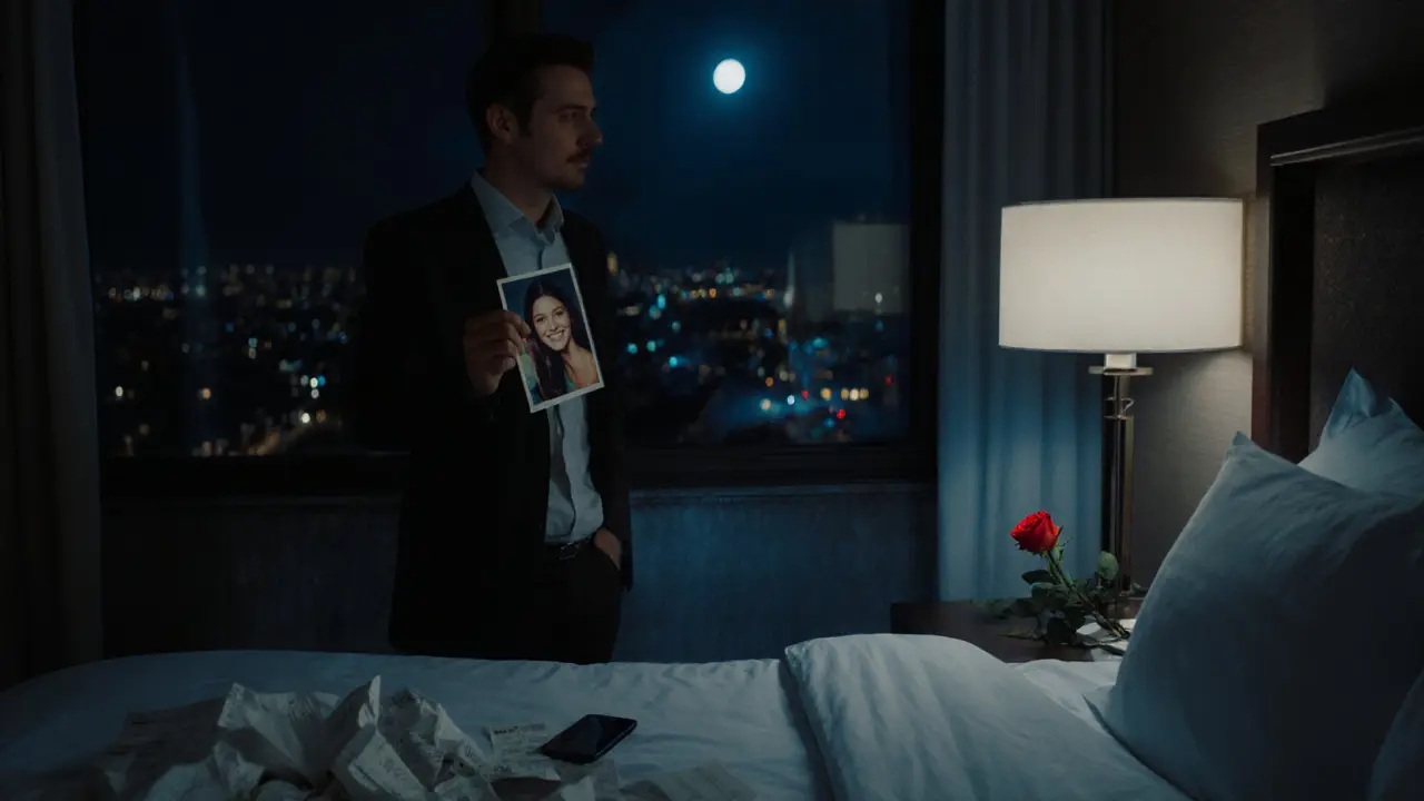 A man alone in a hotel room, holding a photo of a woman, city lights glowing through the window behind him.