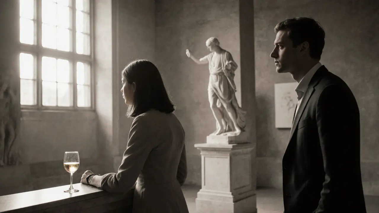 A man and woman contemplating art in a sunlit Swiss museum, wine glass nearby.