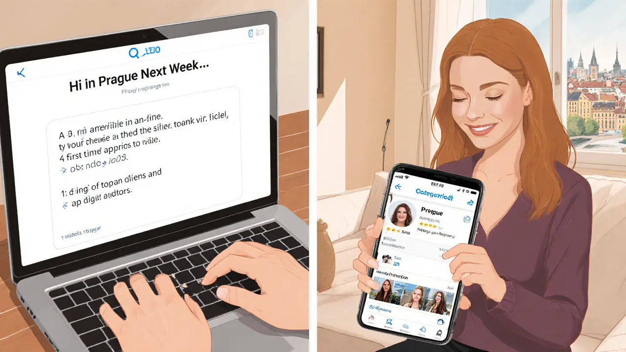 A man typing a respectful message on a laptop while a woman reads it on her phone, verified booking profile visible.