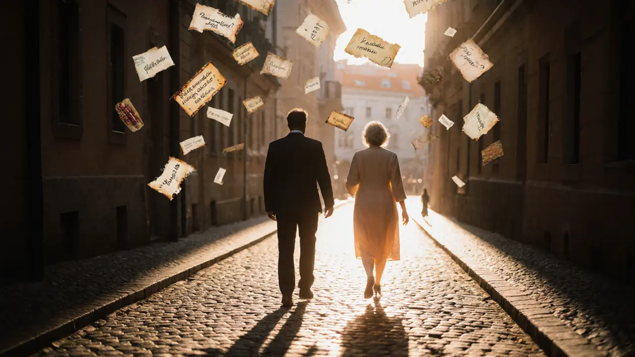 A man walks an alley at twilight with a glowing female silhouette beside his shadow, floating questions in the air.