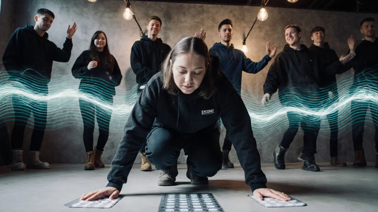 A person feeling music through vibration pads on the floor while others sway nearby in a quiet, reverent atmosphere.