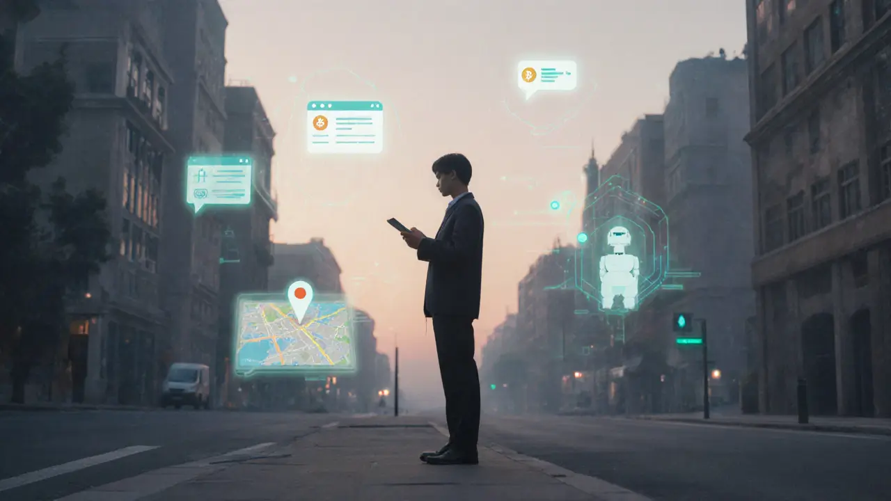 A person standing outdoors at dawn holding a tablet with a shared GPS location, surrounded by subtle digital safety overlays.