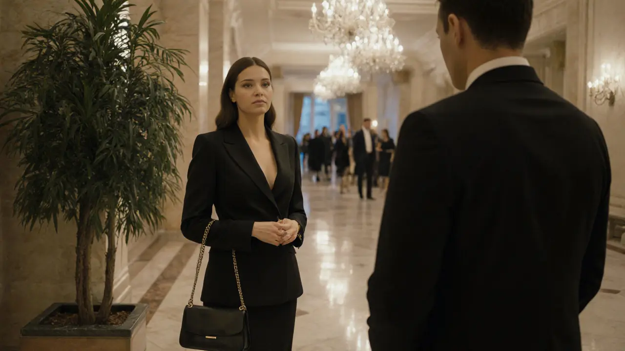 A professional escort waiting respectfully in a Vienna hotel lobby as a client approaches.