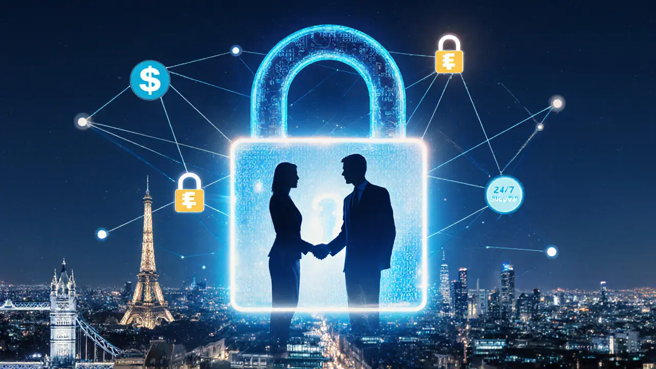 A secure digital lock above European cities, symbolizing safe, transparent escort services with client and escort handshake.