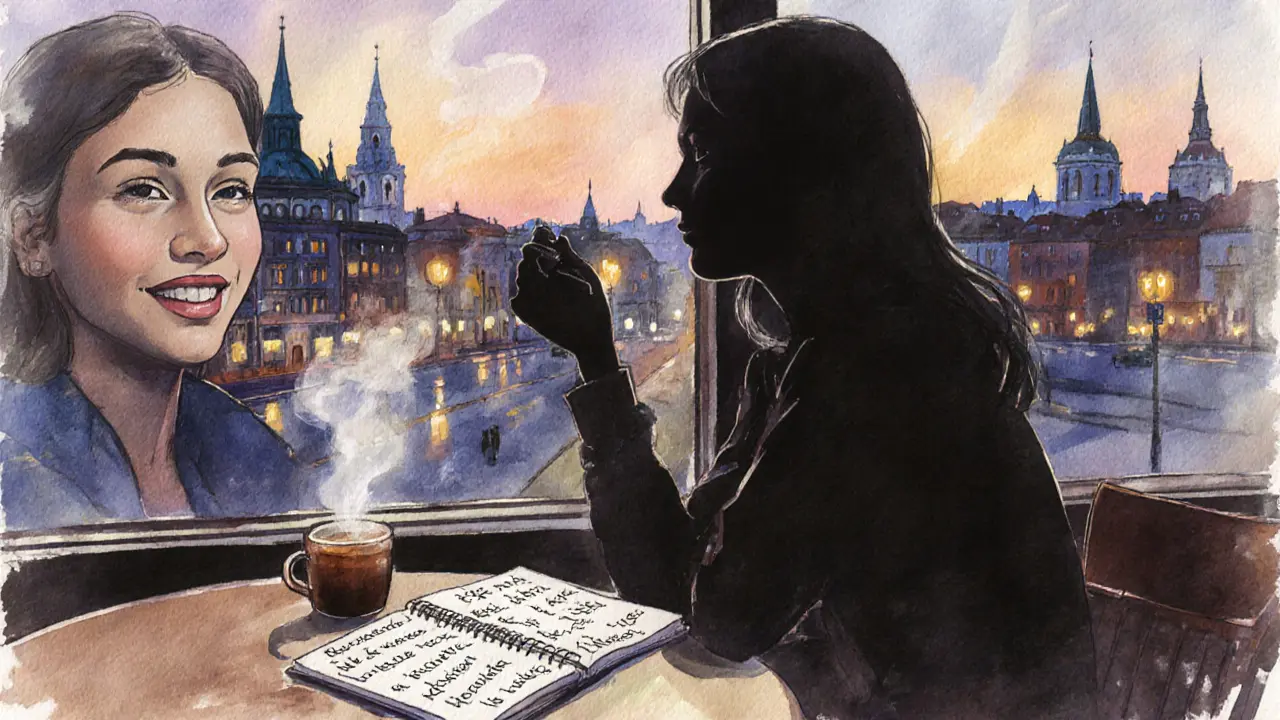 A solo traveler sits alone at a café at dusk, coffee steaming, reflecting peace and quiet self-discovery.