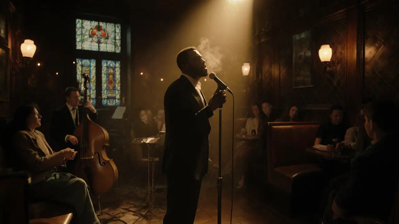 A soul singer performing in a warm, intimate Soho jazz club with golden spotlight and silent patrons.