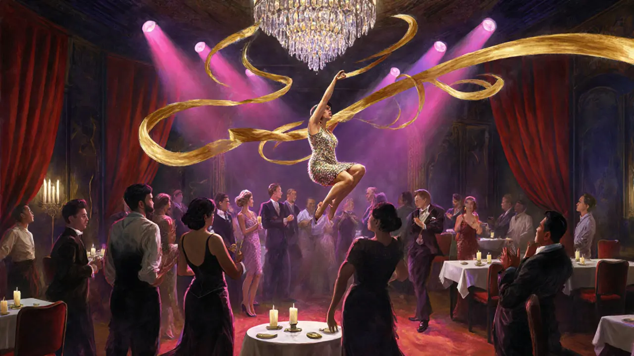 A theatrical club scene with performers swinging from a chandelier amid glamorous 1920s-style guests.