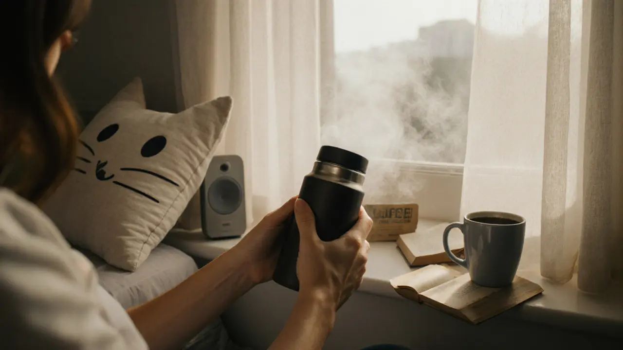 A thermos and coffee mug on a windowsill, with personal details like a cat pillow and muted speaker suggesting thoughtful care.