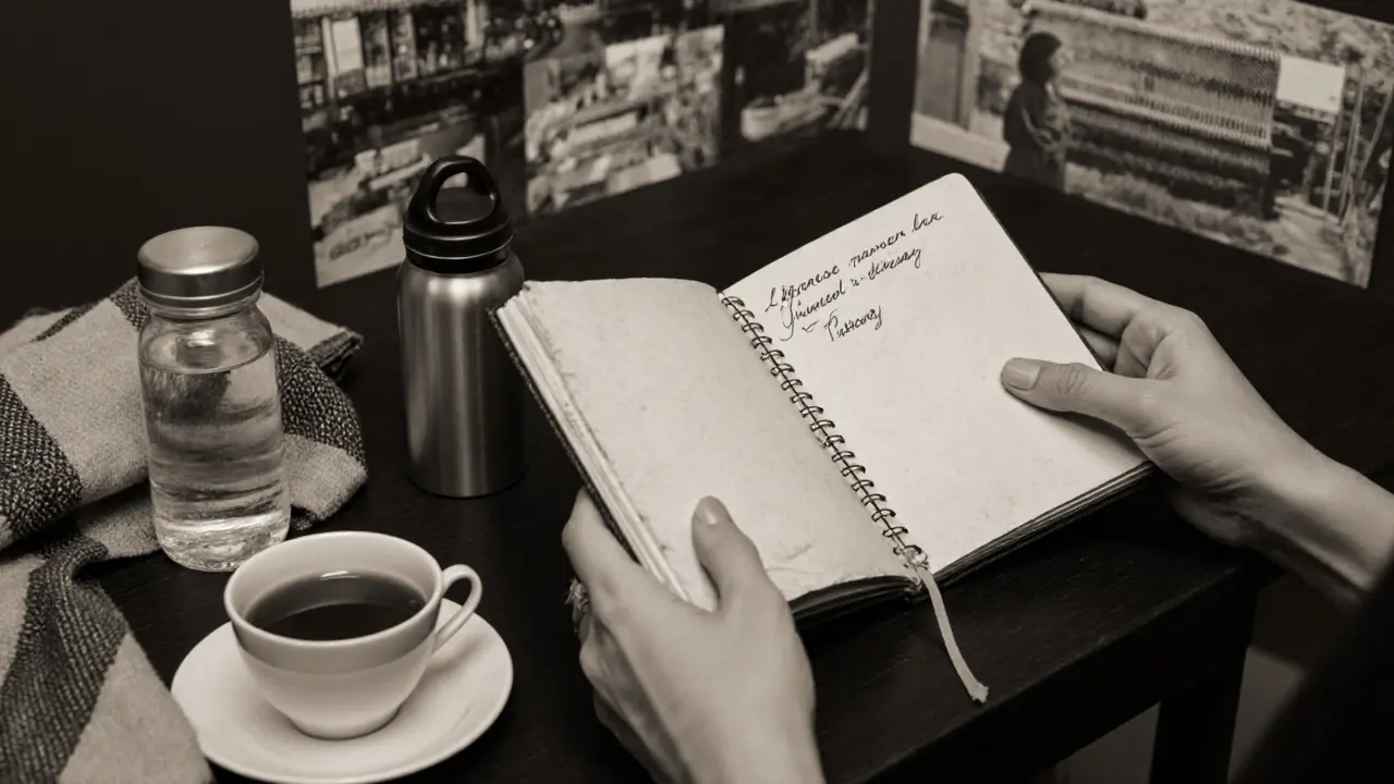 A traveler&#039;s hands hold a notebook, scarf, and essentials—symbols of quiet, meaningful journeys.