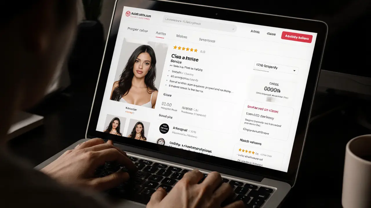 A verified escort profile on a laptop screen with authentic reviews and natural lighting.