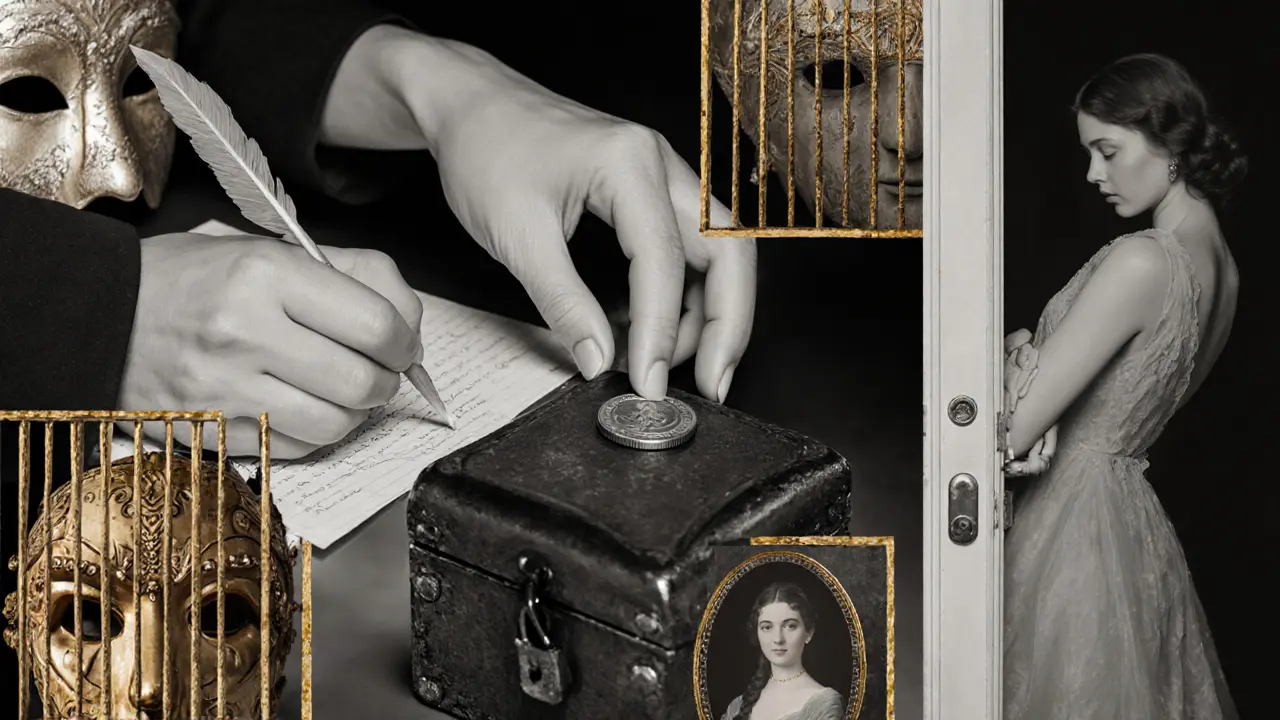A woman&#039;s hands holding a quill, a coin, and closing a door, symbolizing power and constraint.