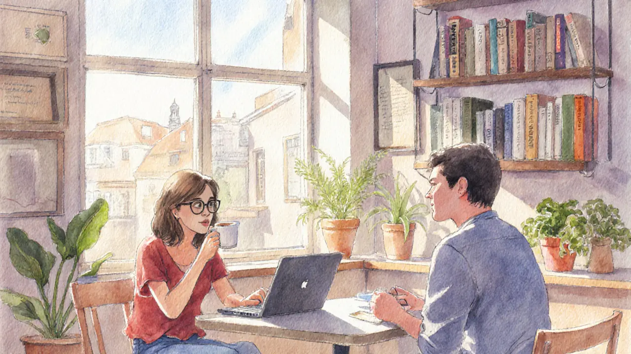 A woman and traveler connecting over coffee in a Budapest co-working cafe.