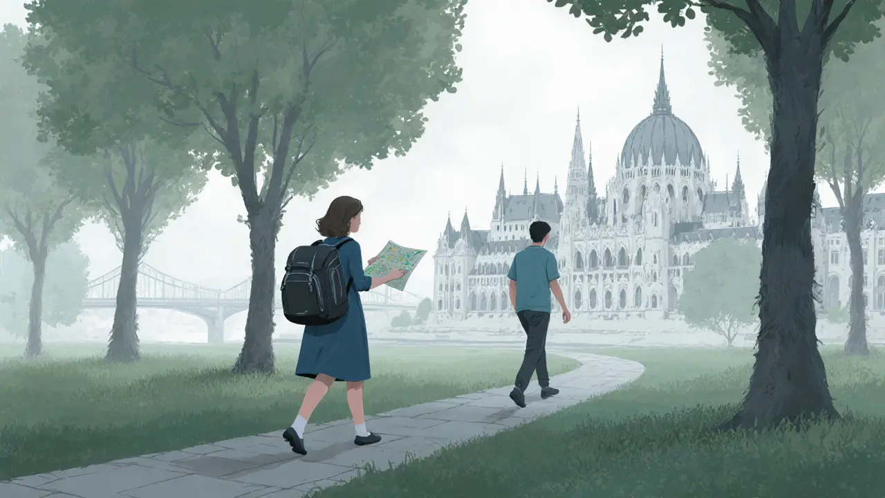 A woman and traveler walking together in a Budapest park, engaged in quiet conversation among historic buildings.