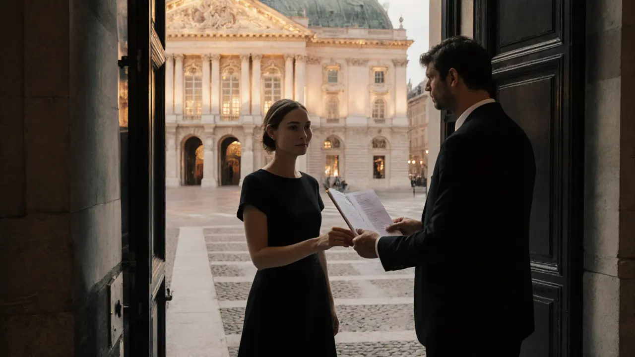 A woman at a Vienna museum entrance, accepting a concert program with quiet dignity.