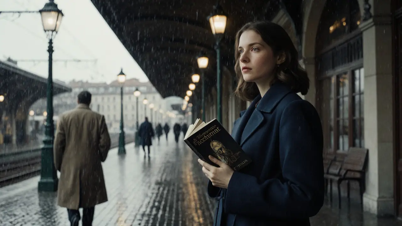 A woman in a navy coat waits at a Swiss train station holding a book, rain falling gently.
