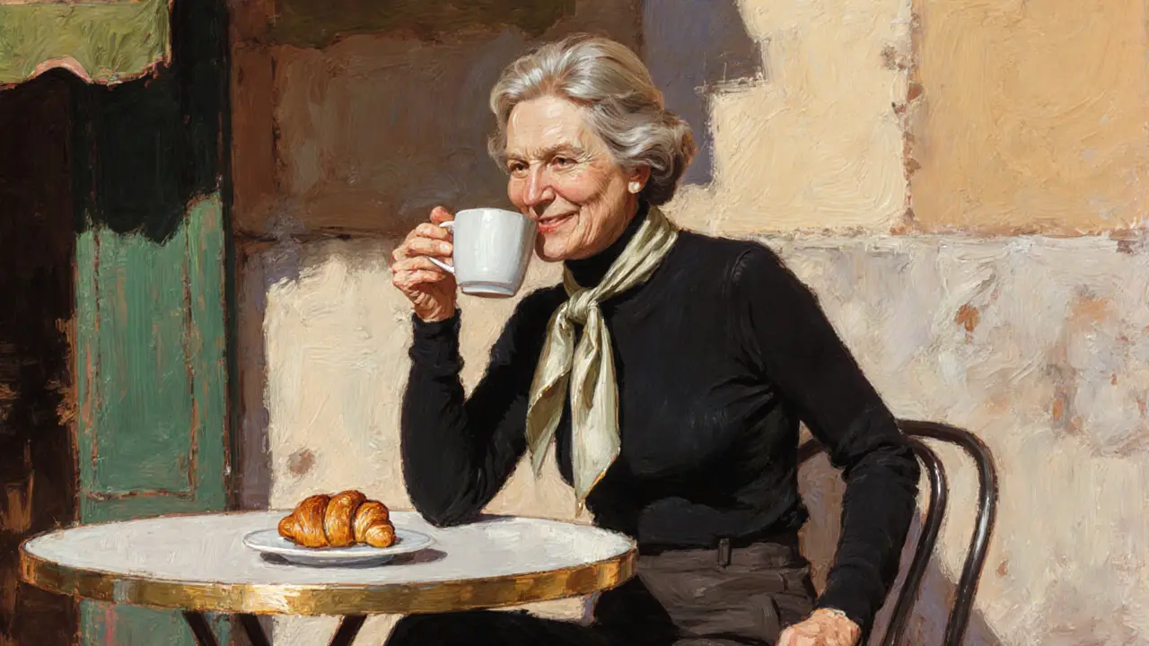 A woman sips espresso at a Roman bistro, natural skin and minimal clothing, soft sunlight on her face.