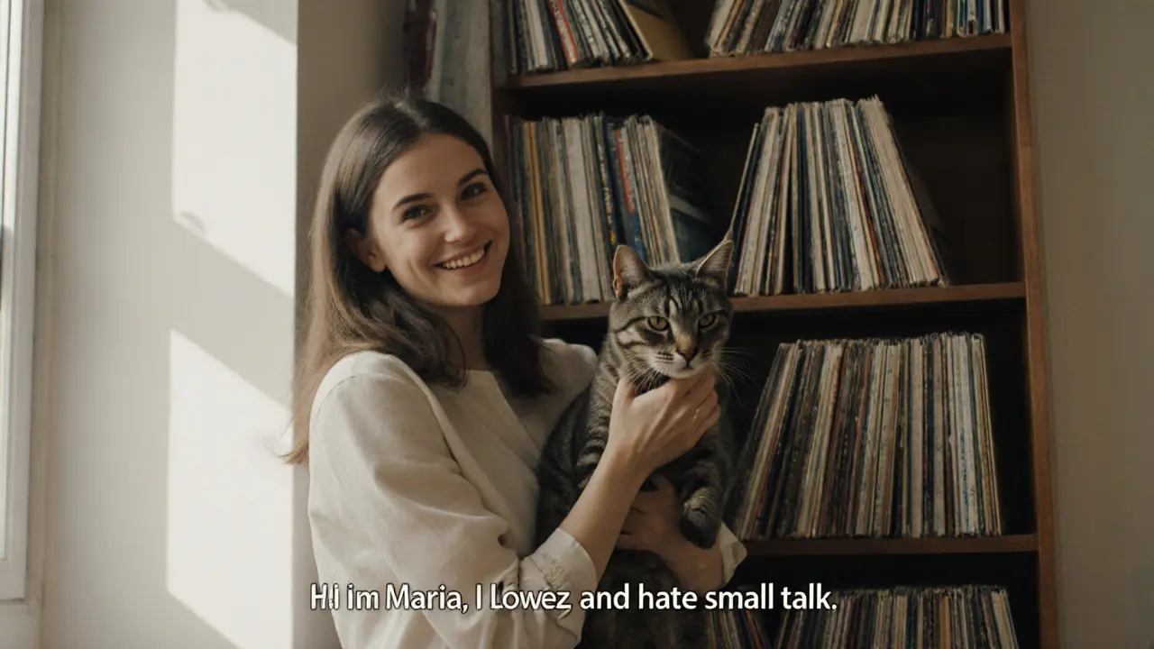 A woman smiling naturally while holding her cat, surrounded by books and records in soft daylight.