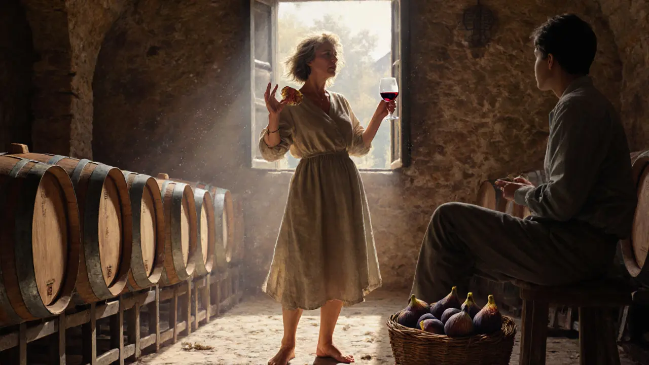 A woman stands barefoot in a Tuscan wine cellar, holding wine and gesturing as she tells a story.
