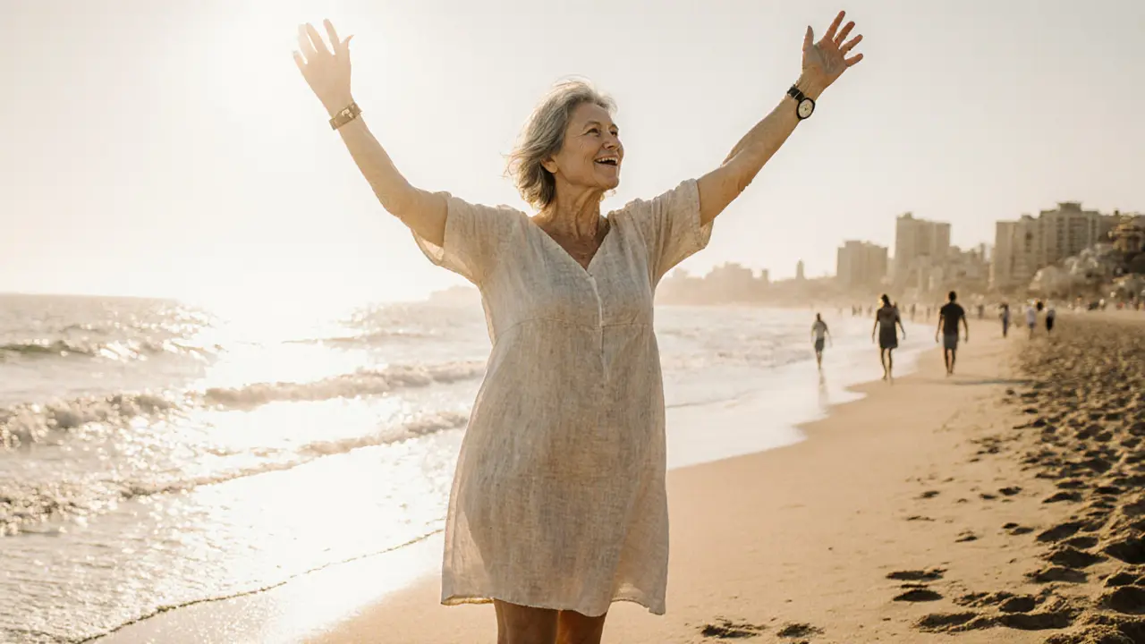 A woman stands barefoot on a Spanish beach at sunset, embracing the breeze with natural body texture visible.
