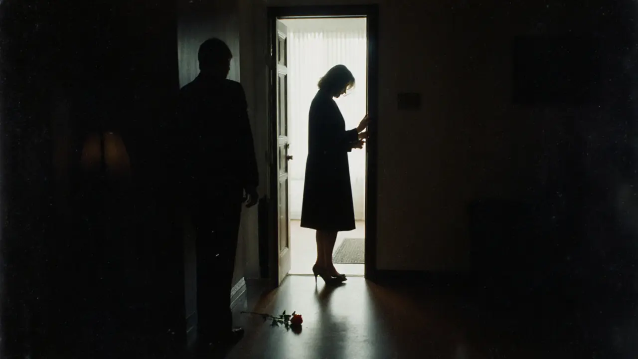 A woman stands quietly at a doorway as a client leaves, a single rose left behind on the floor.
