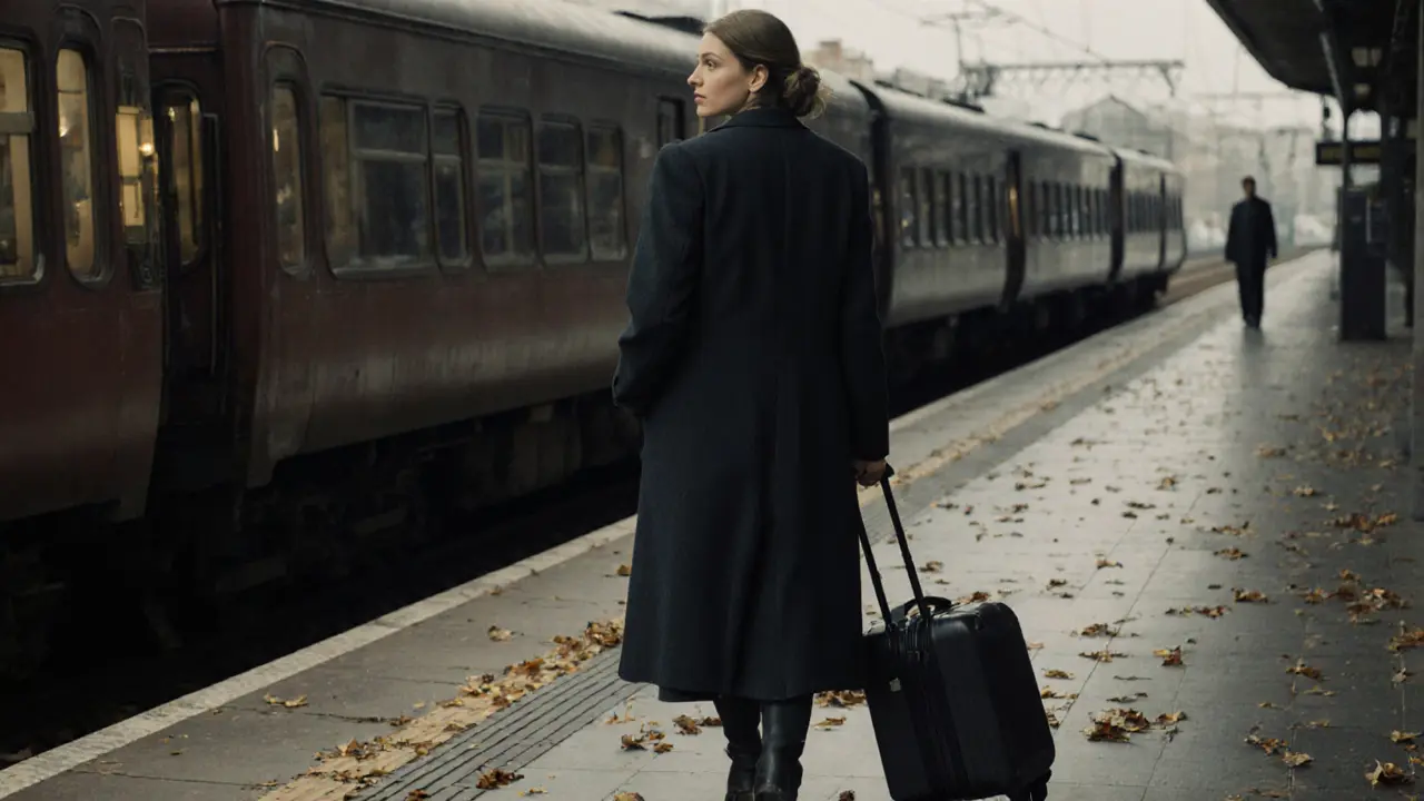 A woman walking away from a train station, suitcase in hand, glancing back as someone watches from afar.