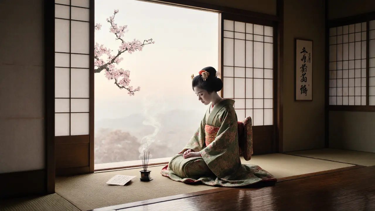 An Edo-era oiran sits in silent contemplation in a quiet teahouse, a cherry blossom falling nearby as incense rises.