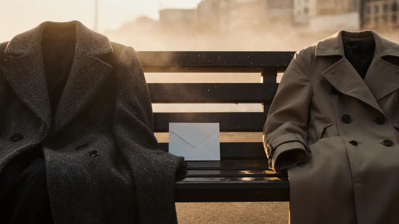 An empty park bench in Brighton holds two coats and a folded letter at dawn, suggesting quiet, unspoken connection.