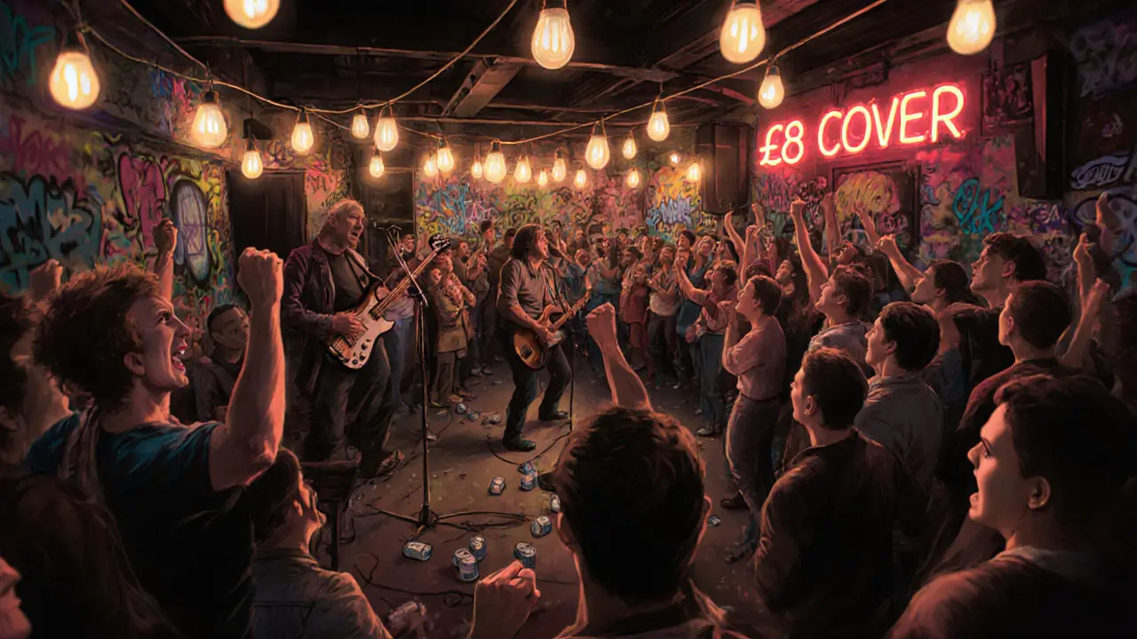 An energetic indie concert in a packed venue with fans singing and raising their fists.