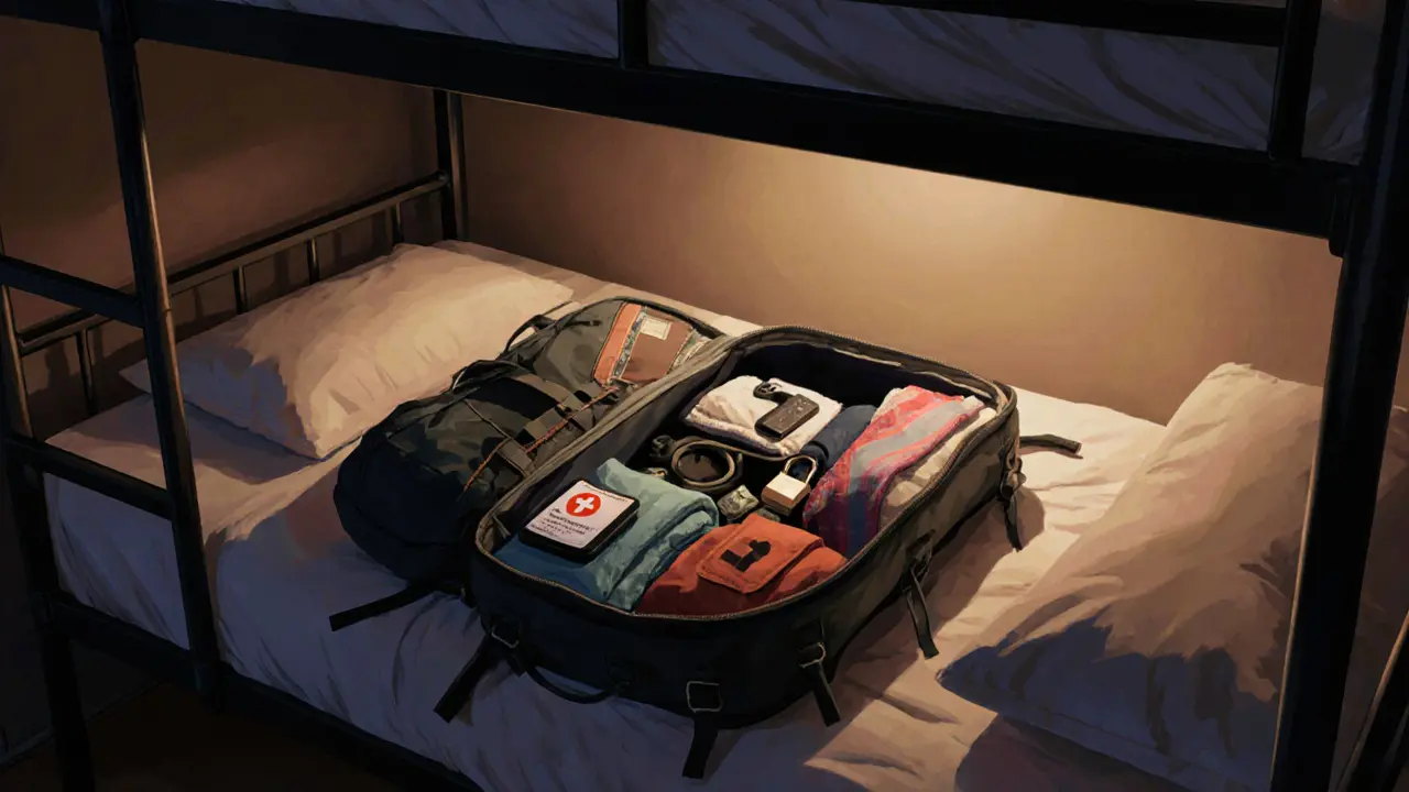 An open 35L backpack on a hostel bed shows travel essentials: money pouch, charger, lock, and towel.