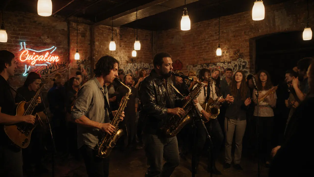 An underground jazz performance in a warehouse with a lively crowd and hanging lanterns.