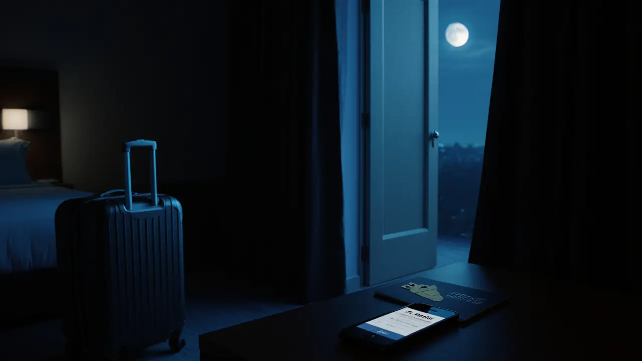 Anonymous hotel room with fake name keycard and phone turned face down.