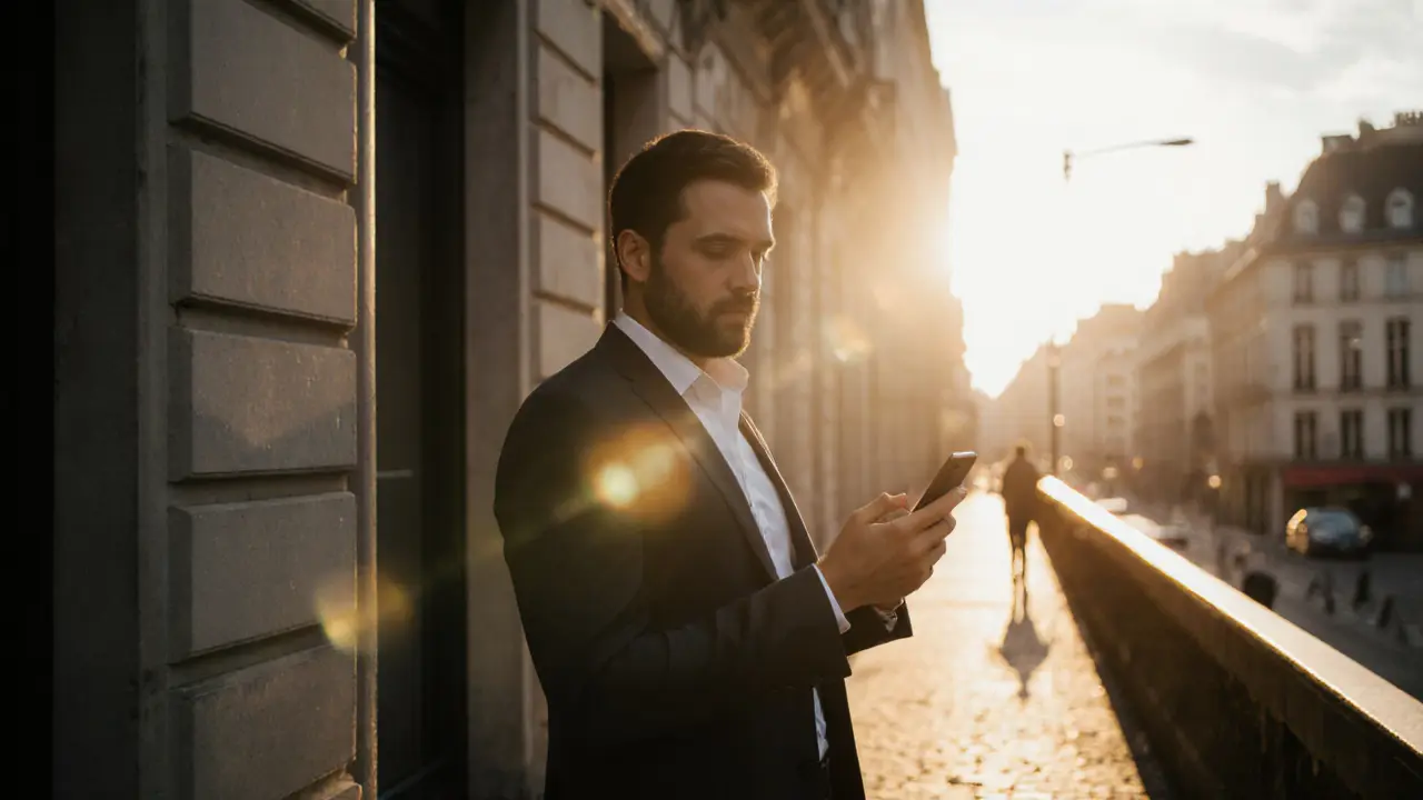 Client arriving at a Brussels apartment building with smartphone displaying booking confirmation code.