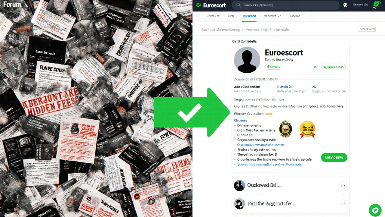 Contrast between chaotic unverified escort ads and clean, secure Euroescort platform with verification checkmark.