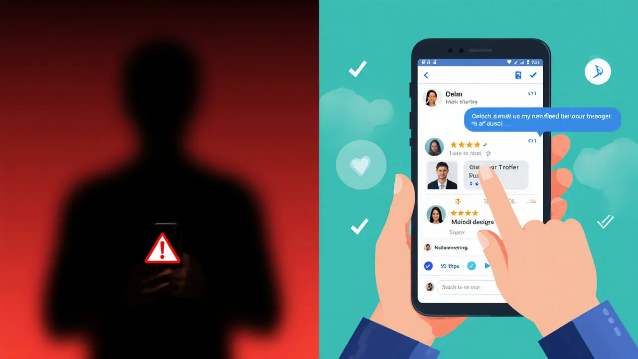Contrasting image of online scam warning versus secure booking on a trusted platform.