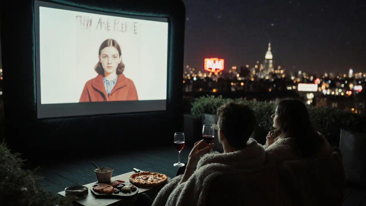 Couple in a cozy pod at Rooftop Cinema Club watching a film under the stars, wrapped in blankets with city lights around them.