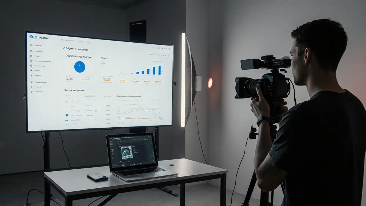 Creator filming content with visible digital watermark and blockchain dashboard in background.