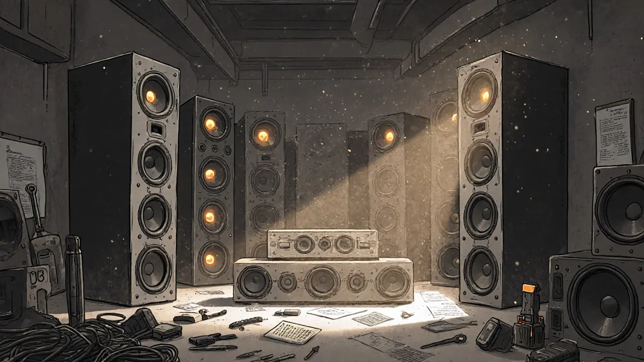 Custom-built sound system with subwoofers and speakers in a dimly lit industrial space, surrounded by tools and notes.