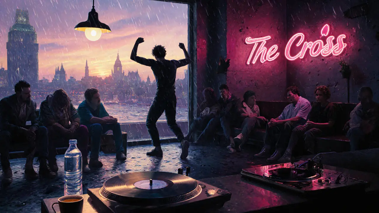 Dawn light breaks over a 24-hour club as a lone dancer stands amid tired revelers at 5 AM.