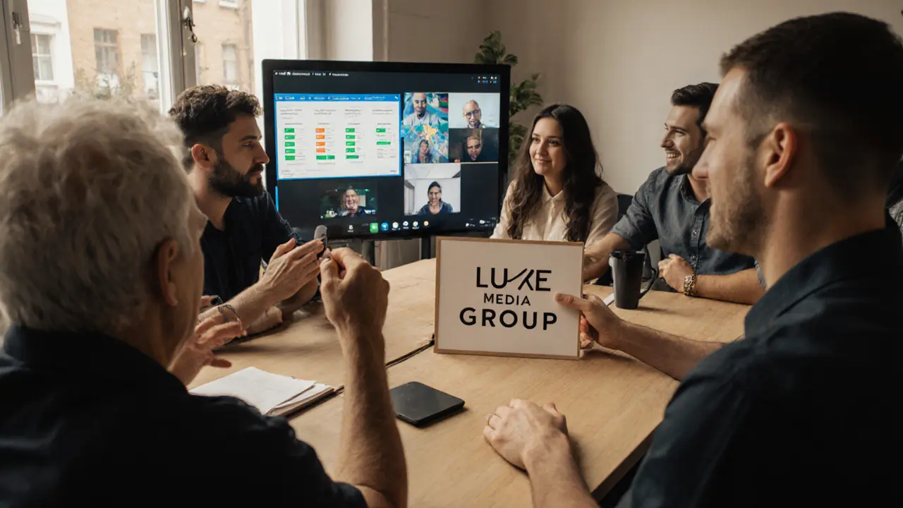 Diverse group of creators meeting in a co-working space sharing business resources.