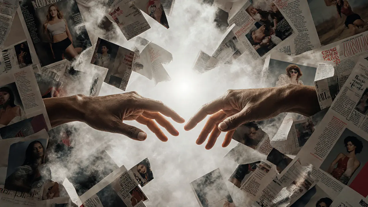 Fashion magazine stereotypes dissolving into smoke as real hands reach toward each other.