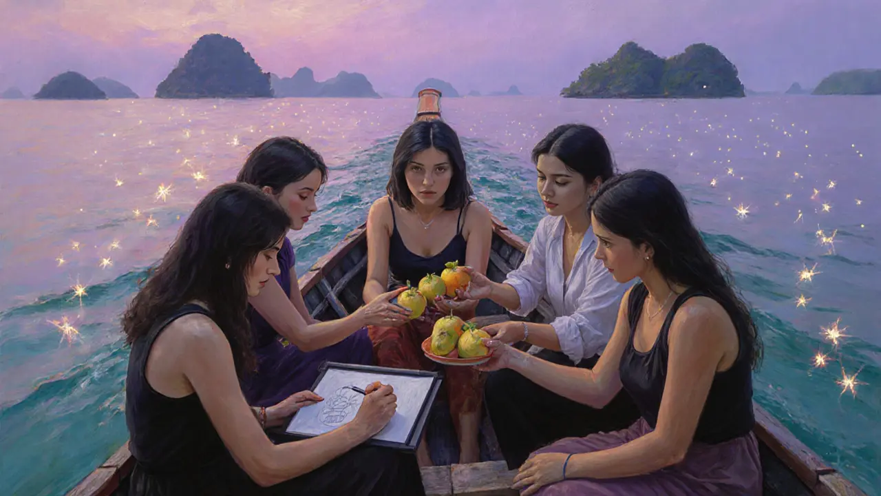 Five women share a quiet boat ride at dusk, bonding over shared travel moments.