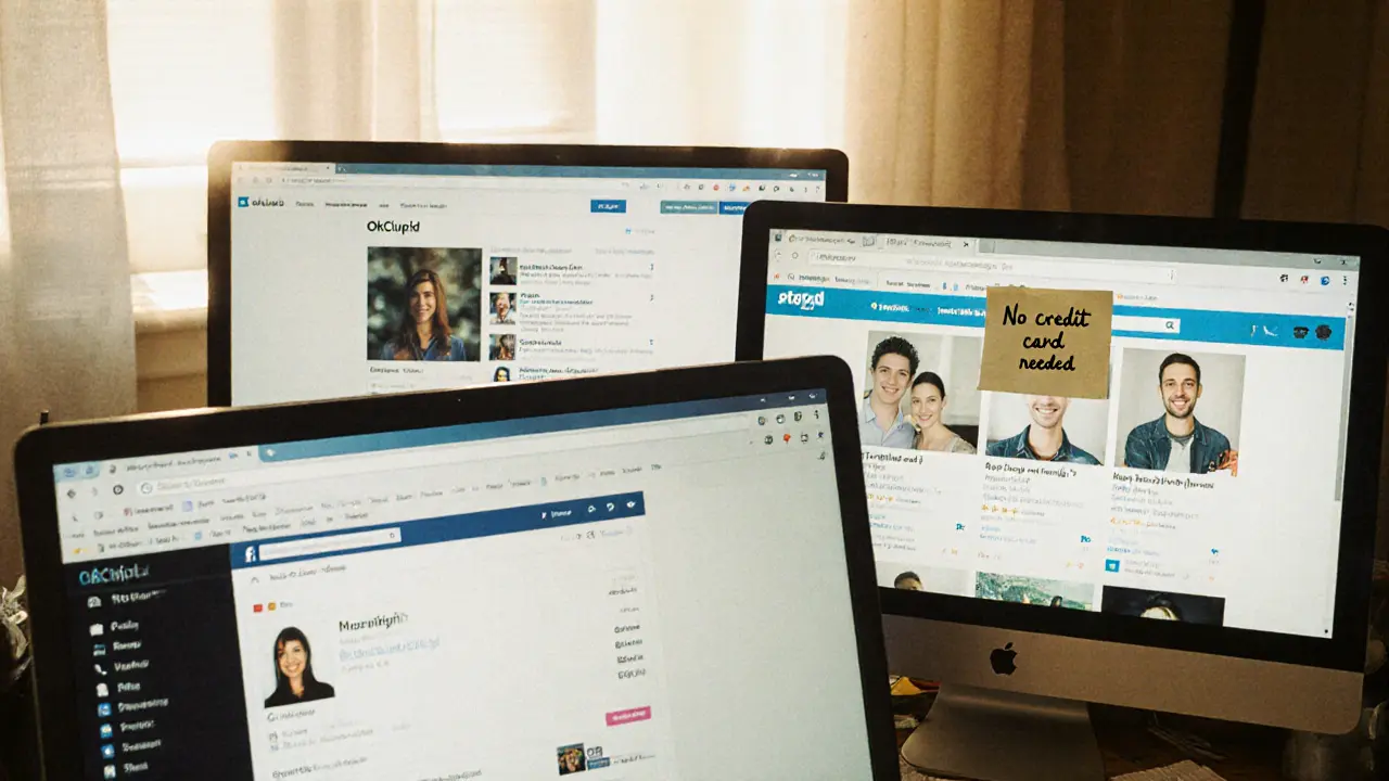 Four free dating websites open on a desktop with no paywalls, sunlight shining on a note saying &#039;No credit card needed&#039;.
